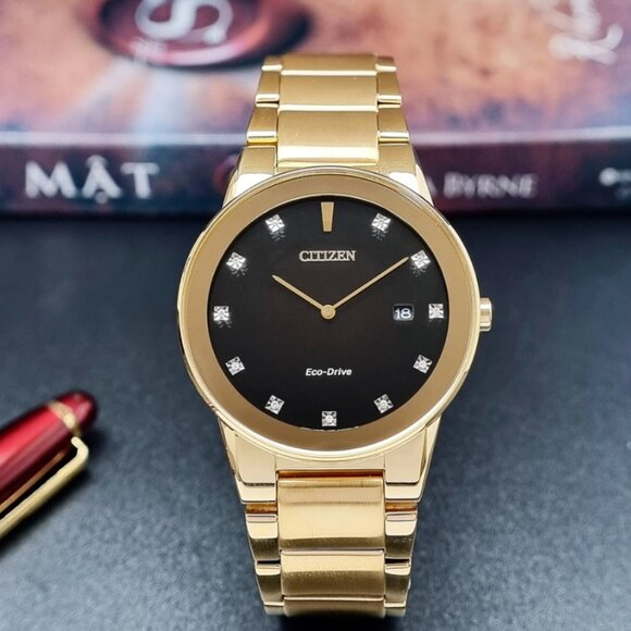 CITIZEN AU1062-56G AXIOM BLACK DIAMOND DIAL GOLD STAINLESS BRACELET MENS WATCH - Picture 5 of 14